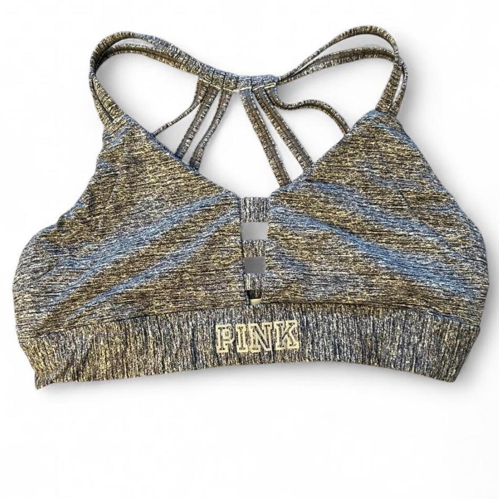 Victoria's Secret PINK Ultimate Sports Bra L Strappy Crossback Logo Marled Grey